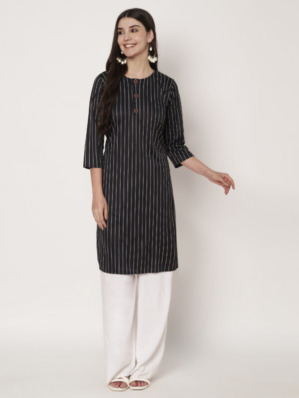 Striped Polyester Straight Kurta - Black