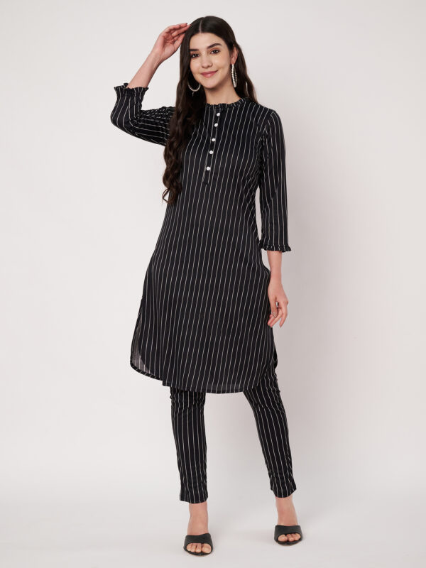 Striped Polyester Straight Kurta Set - Black