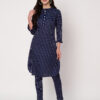 Striped Polyester Straight Kurta Set - Navy