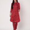 Striped Polyester Straight Kurta Set - Red