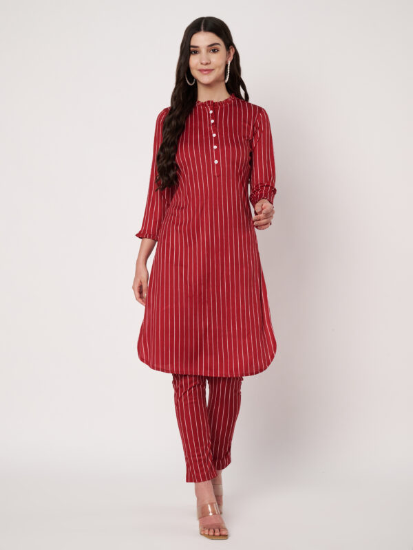Striped Polyester Straight Kurta Set - Red