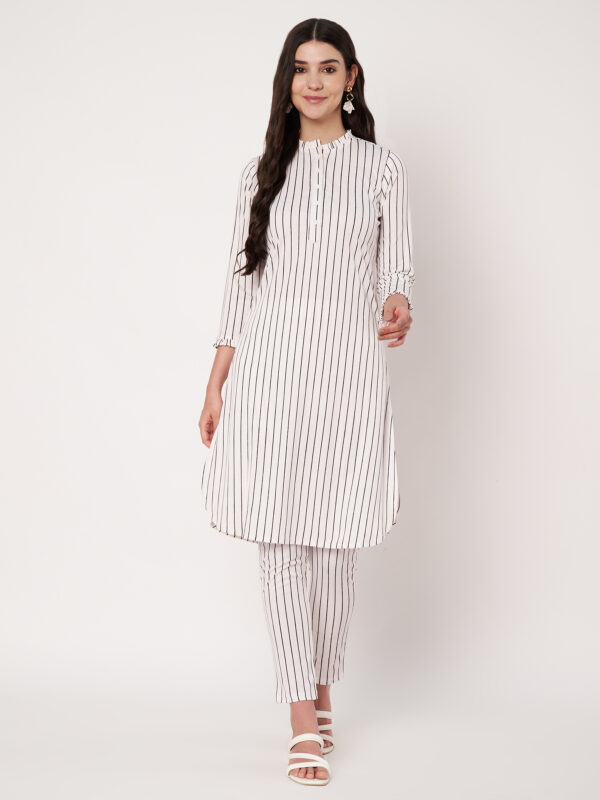 Striped Polyester Straight Kurta Set - White