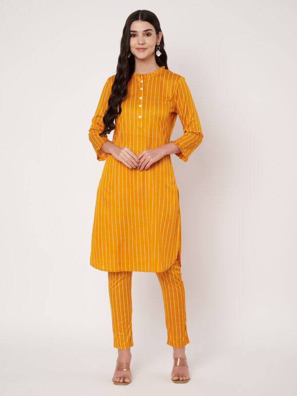 Striped Polyester Straight Kurta Set - Yellow