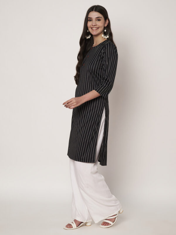 Women Striped Polyester Straight - Kurta - Black