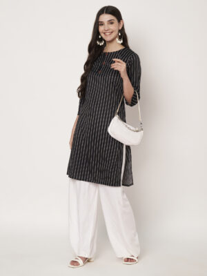 Women Striped Polyester Straight Kurta (Black)