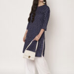 Women Striped Polyester Straight Kurta (Blue)