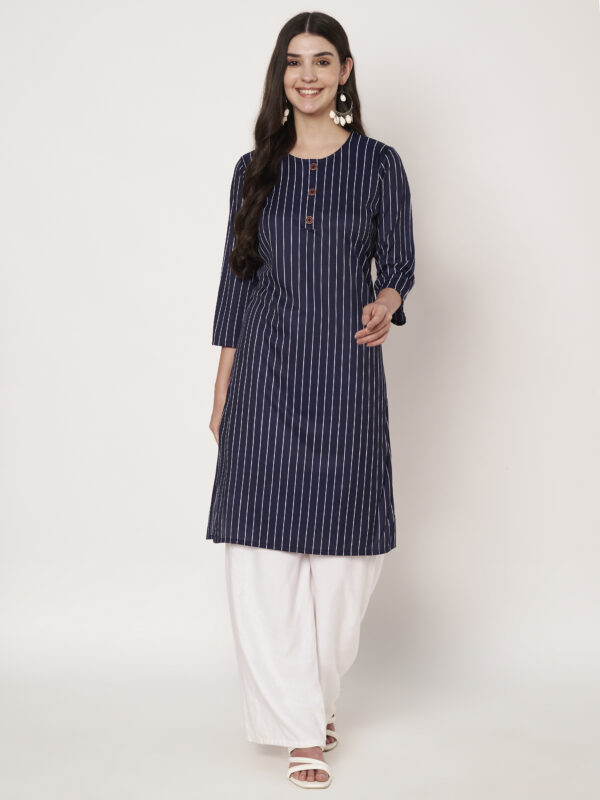 Women Striped Polyester Straight Kurta - Blue