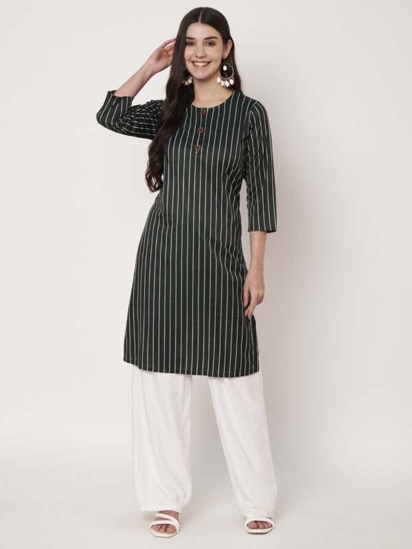 Women Striped Polyester Straight Kurta - Green
