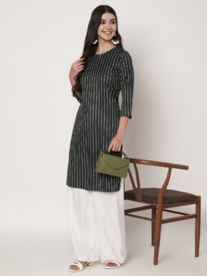 Women Striped Polyester Straight Kurta (Green)