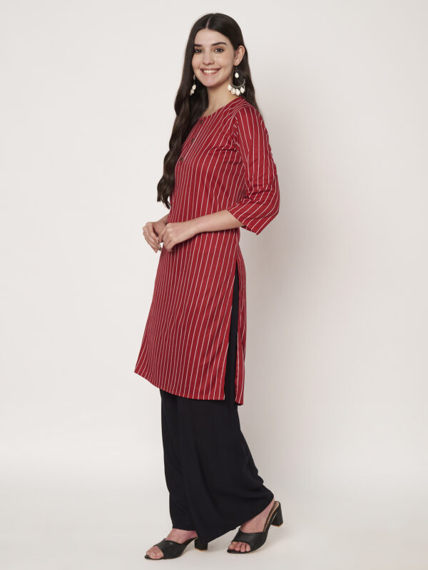 Women Striped Polyester Straight - Kurta - Red