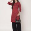 Women Striped Polyester Straight Kurta (Red)