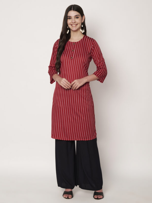 Women Striped Polyester Straight Kurta - Red