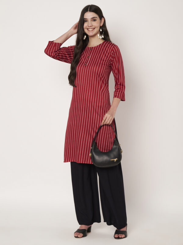 Women Striped Polyester Straight Kurta (Red)