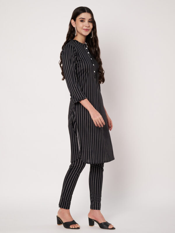 Women Striped Polyester Straight Kurta Set - Black