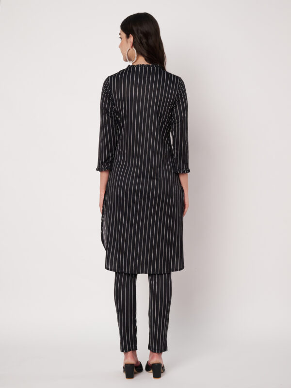 Women Striped Polyester Straight Kurta Set Black
