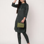Women Striped Polyester Straight Kurta Set (Green)