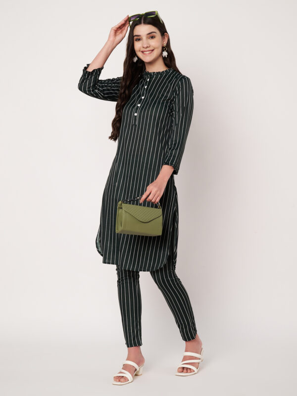 Women Striped Polyester Straight Kurta Set (Green)