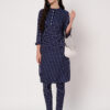 Women Striped Polyester Straight Kurta Set (Navy)