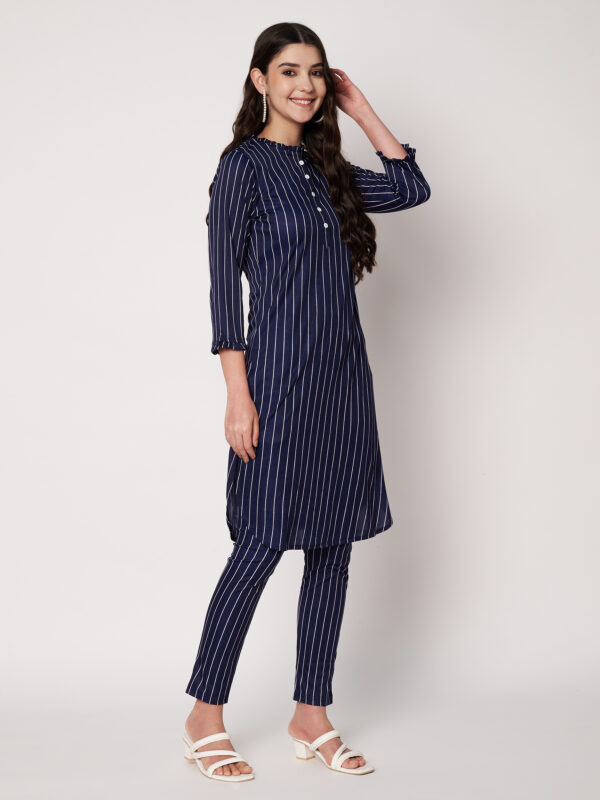 Women Striped Polyester Straight Kurta Set - Navy
