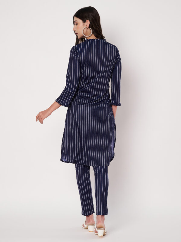 Women Striped Polyester Straight Kurta Set Navy