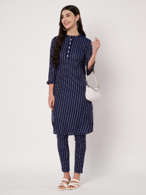 Women Striped Polyester Straight Kurta Set (Navy)