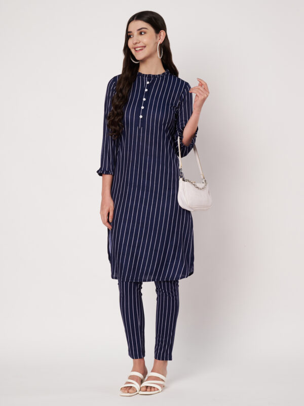 Women Striped Polyester Straight Kurta Set (Navy)