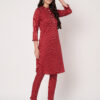 Women Striped Polyester Straight Kurta Set - Red