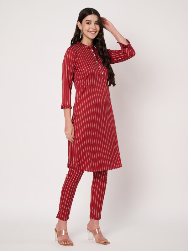 Women Striped Polyester Straight Kurta Set - Red