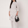 Women Striped Polyester Straight Kurta Set (White)