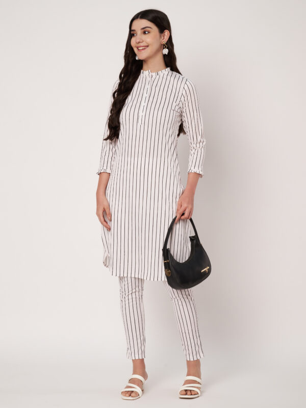 Women Striped Polyester Straight Kurta Set (White)