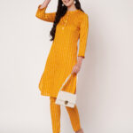 Women Striped Polyester Straight Kurta Set (Yellow)