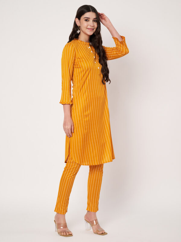 Women Striped Polyester Straight Kurta Set - Yellow