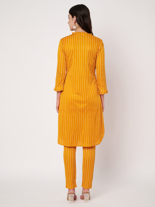 Women Striped Polyester Straight Kurta Set Yellow