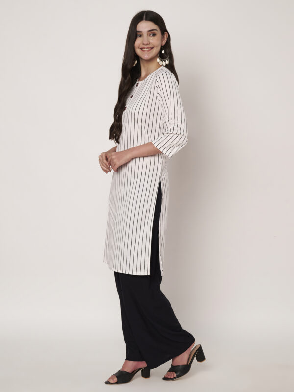 Women Striped Polyester Straight - Kurta - White