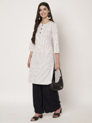 Women Striped Polyester Straight Kurta (White)