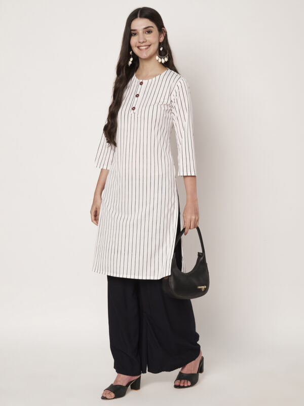 Women Striped Polyester Straight Kurta (White)