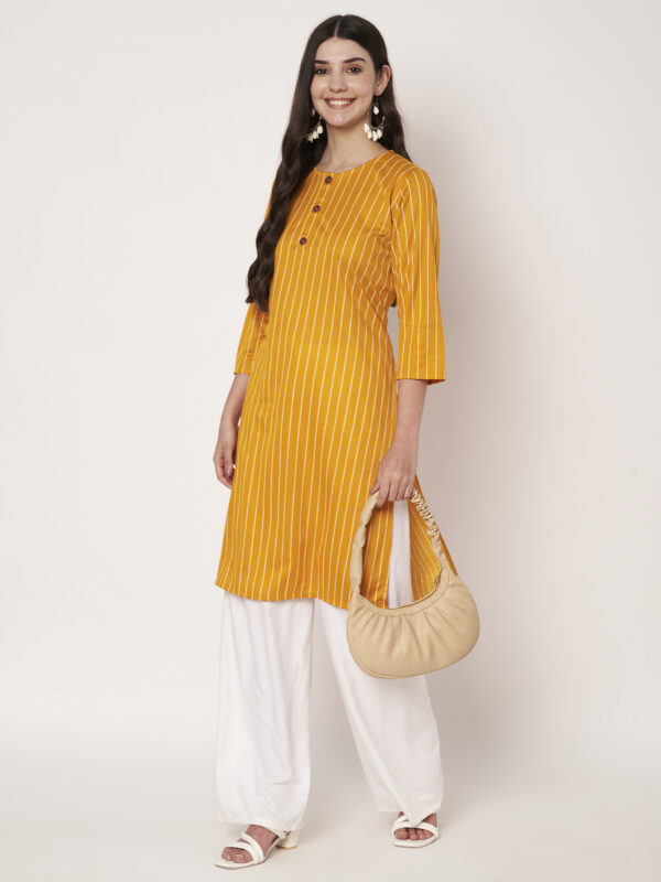 Women Striped Polyester Straight Kurta (Yellow)