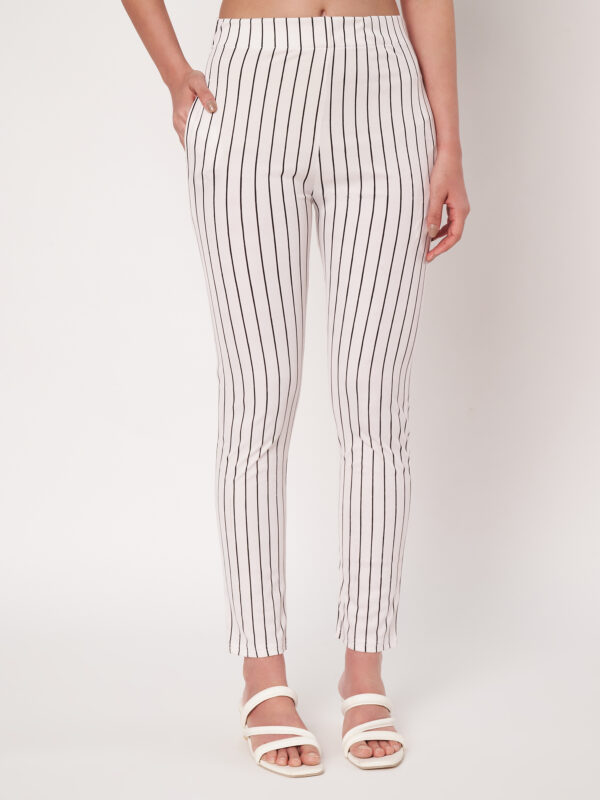 Women Striped Polyester Straight Pant White