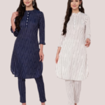 Women Polyester Kurti Pant Set White & Blue