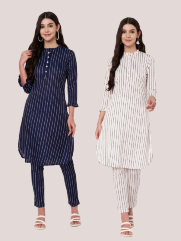 Women Polyester Kurti Pant Set White & Blue
